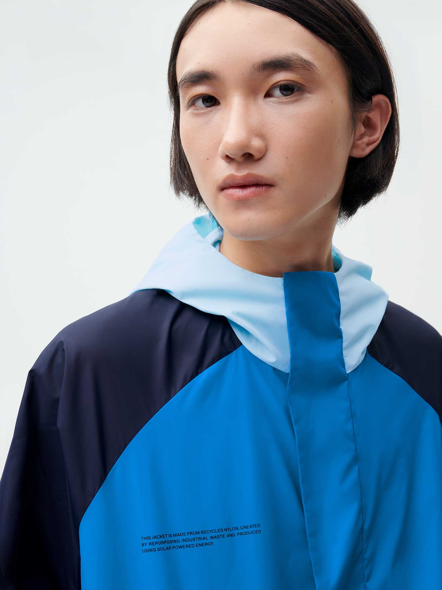 Recycled Nylon Color Block Jacket—cerulean blue male